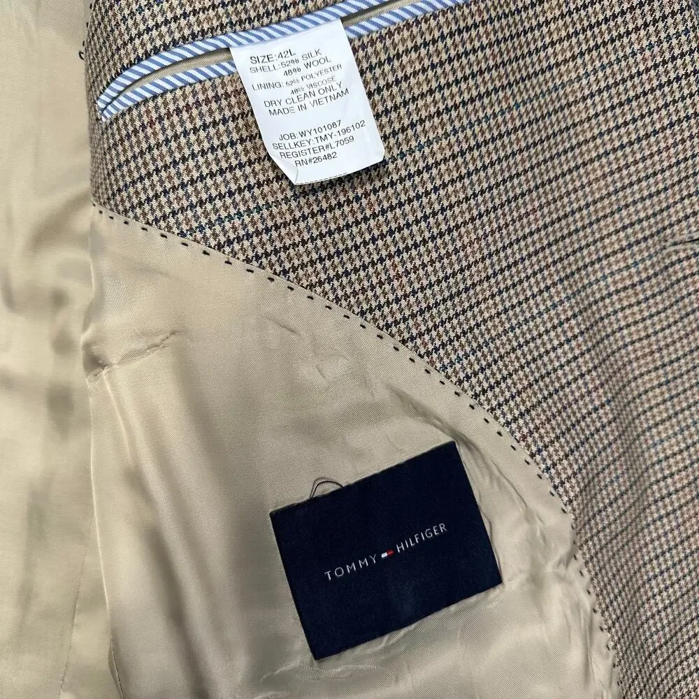 Tommy Hilfiger Mens Silk Wool Sport Coat Houndstooth Preppy Old Money Blazer 42L